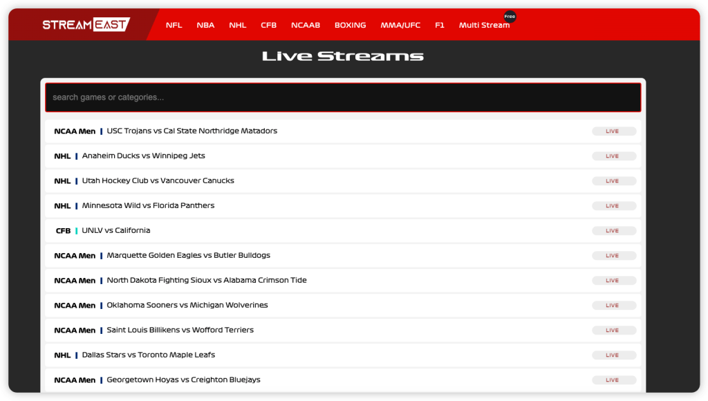 Screenshot of StreamEast Homepage – To give users an idea of the interface.