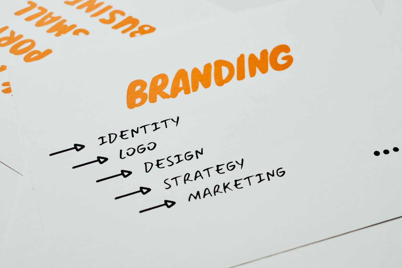 Home Close-up of a paper with branding, identity, design, strategy, and marketing concepts in orange and black.
